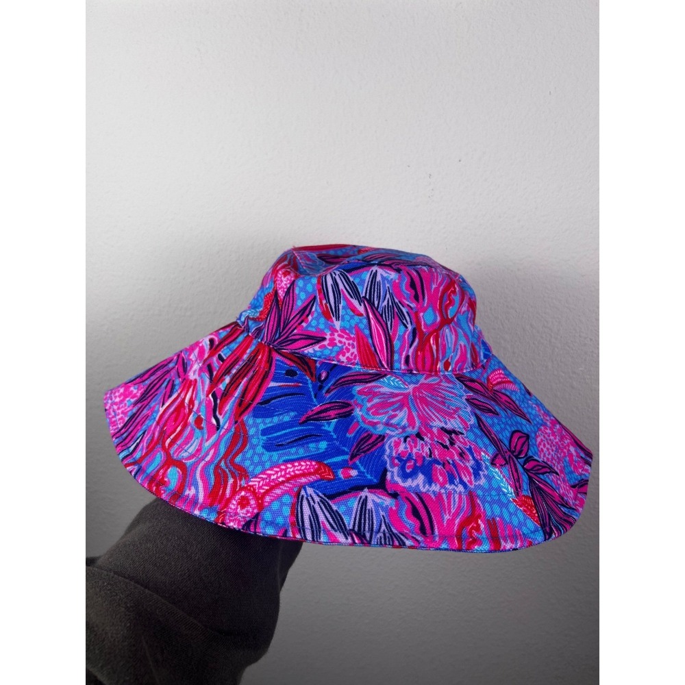 Lilly Pulitzer Pink Blue Floral Flamingo Print Wide Brim Sun Bucket Hat